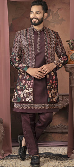 Purple and Violet color IndoWestern Dress in Silk fabric with Embroidered, Thread work