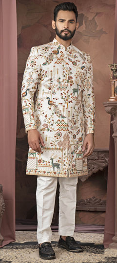 White and Off White color IndoWestern Dress in Silk fabric with Embroidered, Thread work