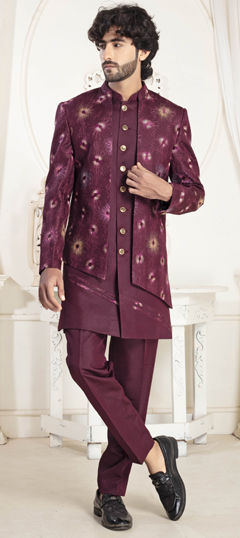 Purple and Violet color IndoWestern Dress in Silk cotton fabric with Embroidered work