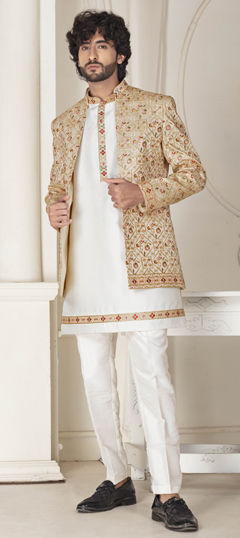 White and Off White color IndoWestern Dress in Silk fabric with Embroidered work