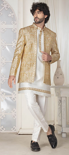 White and Off White color IndoWestern Dress in Silk fabric with Embroidered, Thread work