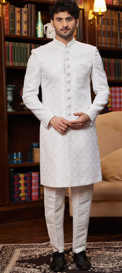 White and Off White color Sherwani in Jacquard fabric with Bugle Beads, Embroidered, Sequence, Thread work
