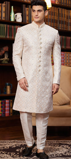 Gold color Sherwani in Jacquard fabric with Bugle Beads, Embroidered, Sequence, Thread work