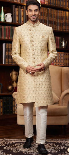 Black and Grey color Sherwani in Jacquard fabric with Cut Dana, Embroidered, Sequence, Thread work
