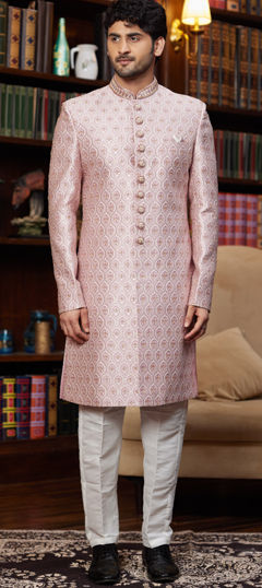 Gold color Sherwani in Jacquard fabric with Cut Dana, Sequence, Thread work