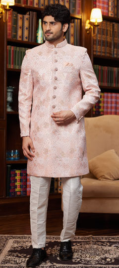 Pink and Majenta color IndoWestern Dress in Jacquard fabric with Cut Dana, Sequence, Thread, Weaving work