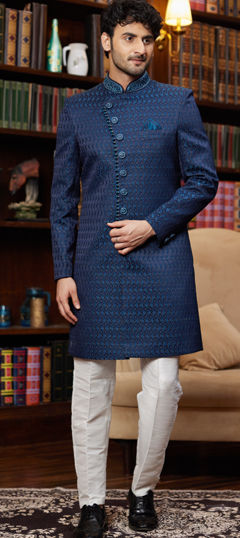 Blue color IndoWestern Dress in Jacquard fabric with Cut Dana, Sequence, Thread, Weaving work