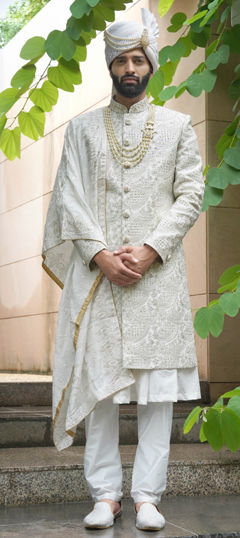 White and Off White color Sherwani in Silk fabric with Embroidered, Sequence, Stone, Thread work