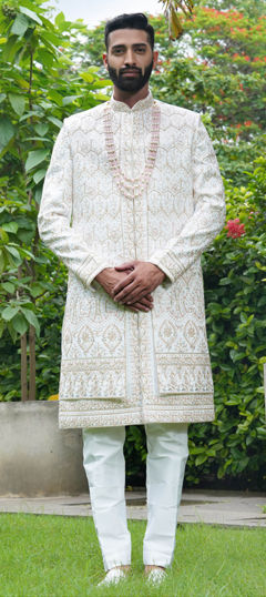 White and Off White color Sherwani in Silk fabric with Embroidered, Sequence, Thread work