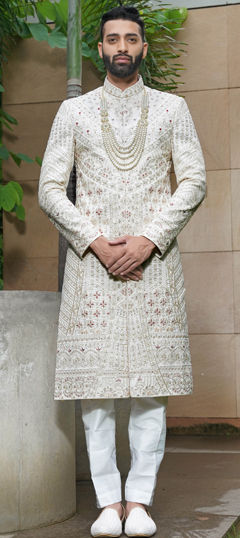 Beige and Brown color Sherwani in Silk fabric with Embroidered, Sequence, Thread work