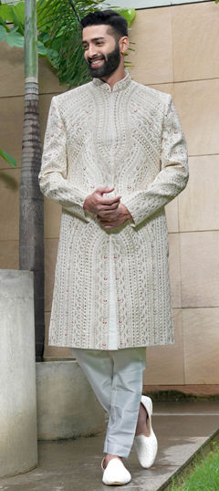 Beige and Brown color Sherwani in Silk fabric with Embroidered, Sequence, Thread work