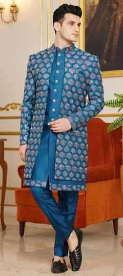 Blue color IndoWestern Dress in Art Silk fabric with Embroidered, Thread work