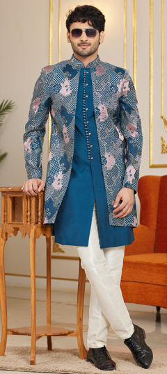Purple and Violet color IndoWestern Dress in Art Silk fabric with Embroidered, Thread work