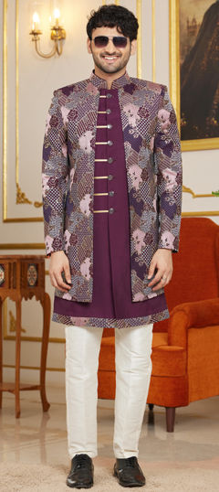 Green color IndoWestern Dress in Art Silk fabric with Embroidered, Thread work