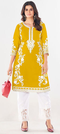 Yellow color Salwar Kameez in Georgette fabric with Embroidered, Thread work