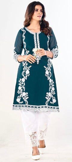 Blue color Salwar Kameez in Georgette fabric with Embroidered, Thread work