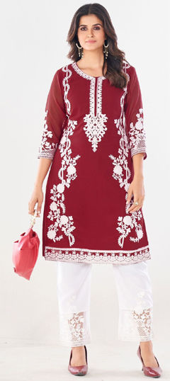 Red and Maroon color Salwar Kameez in Georgette fabric with Embroidered, Thread work