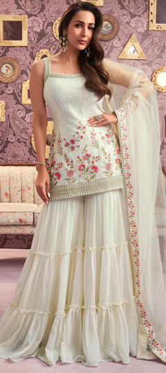 White and Off White color Salwar Kameez in Georgette fabric with Embroidered, Sequence, Thread work