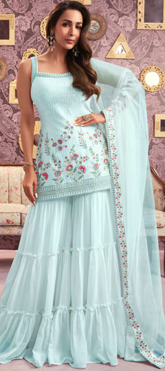 Blue color Salwar Kameez in Georgette fabric with Embroidered, Sequence, Thread work