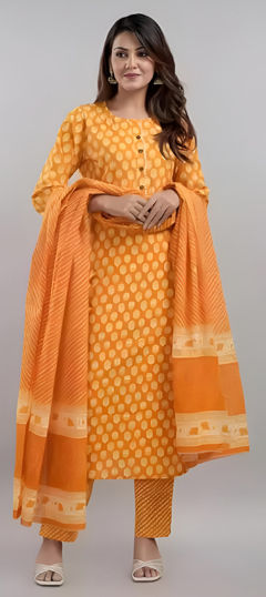 Orange color Salwar Kameez in Cotton fabric with Digital Print work