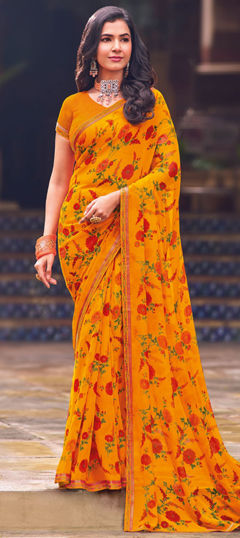 Yellow color Saree in Georgette fabric with Floral, Lace, Printed work