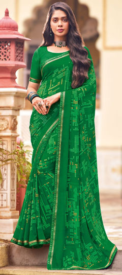 Green color Saree in Georgette fabric with Lace, Printed work