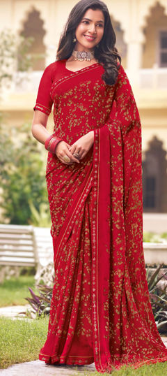 Red and Maroon color Saree in Georgette fabric with Floral, Lace, Printed work