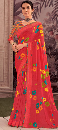 Red and Maroon color Saree in Georgette fabric with Lace, Printed work