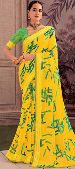 Yellow color Saree in Georgette fabric with Printed work