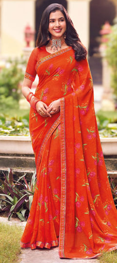 Orange color Saree in Georgette fabric with Floral, Lace, Printed work