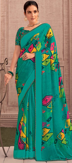 Blue color Saree in Georgette fabric with Lace, Printed work