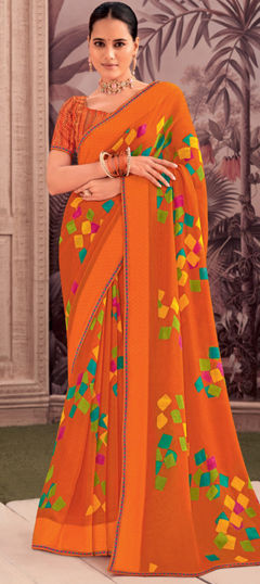 Orange color Saree in Georgette fabric with Printed, Thread work