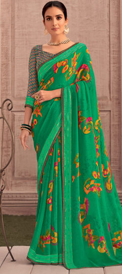 Green color Saree in Georgette fabric with Lace, Printed work