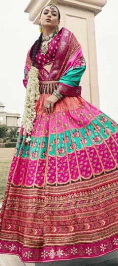 Pink and Majenta color Ready to Wear Lehenga in Silk fabric with Embroidered, Floral, Printed, Sequence, Thread work