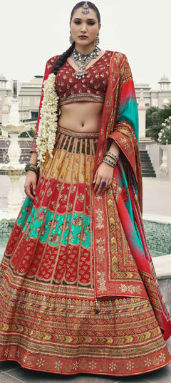 Blue, Red and Maroon color Ready to Wear Lehenga in Silk fabric with Embroidered, Floral, Printed, Sequence, Thread work