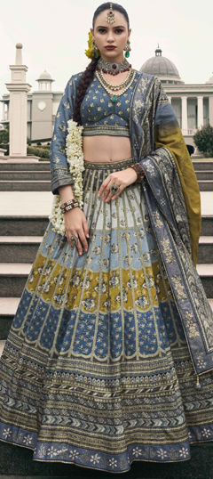 Black and Grey, Yellow color Ready to Wear Lehenga in Silk fabric with Embroidered, Floral, Printed, Sequence, Thread work