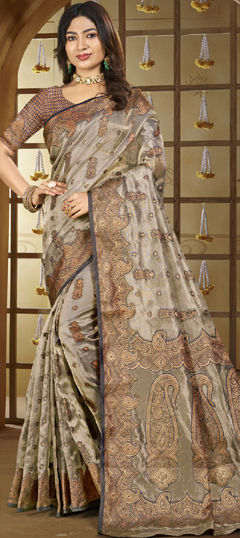 Beige and Brown color Saree in Silk fabric with Weaving, Zari work