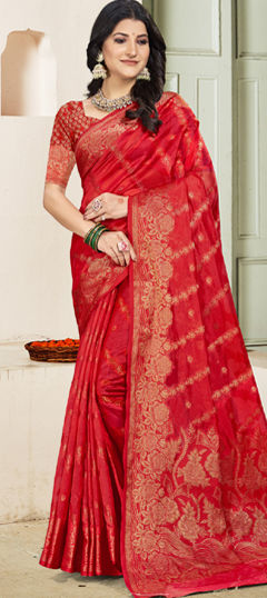 Red and Maroon color Saree in Silk fabric with Weaving, Zari work