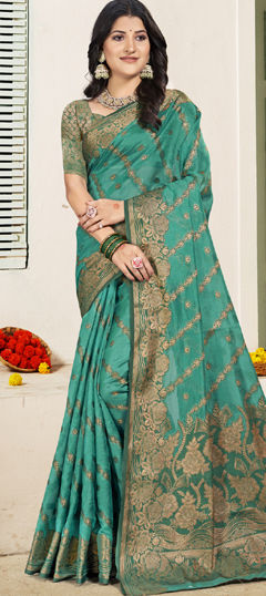 Green color Saree in Silk fabric with Weaving, Zari work