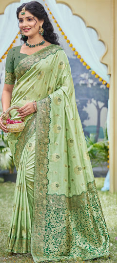 Green color Saree in Banarasi Silk fabric with Weaving, Zari work