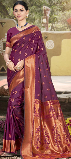 Red and Maroon color Saree in Art Silk fabric with Weaving, Zari work