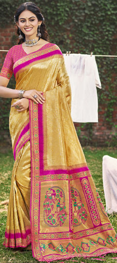 Yellow color Saree in Banarasi Silk fabric with Weaving, Zari work