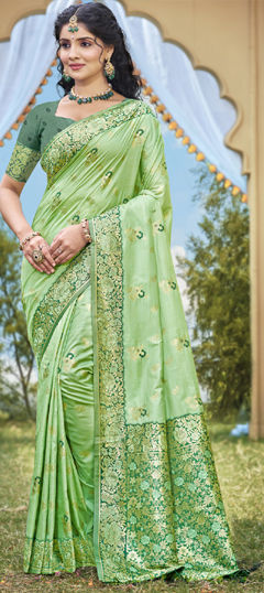 Green color Saree in Banarasi Silk fabric with Weaving, Zari work