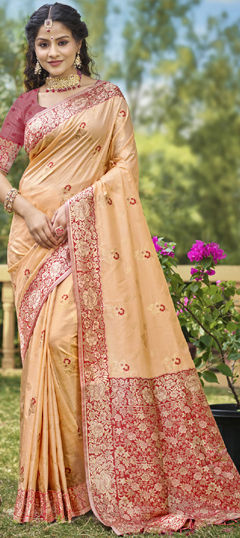 Beige and Brown color Saree in Banarasi Silk fabric with Weaving, Zari work