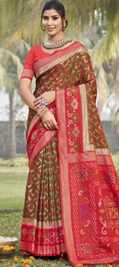 Green, Red and Maroon color Saree in Silk fabric with Weaving, Zari work