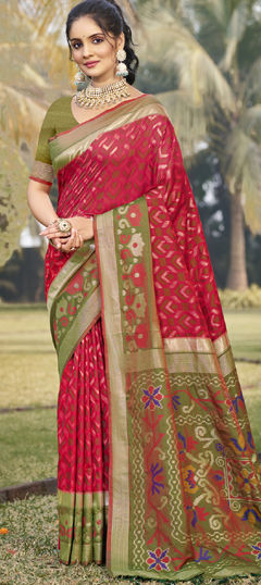 Red and Maroon color Saree in Silk fabric with Weaving, Zari work