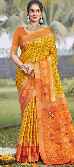 Orange, Yellow color Saree in Silk fabric with Weaving, Zari work