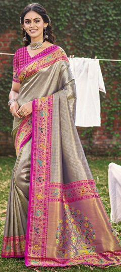 Black and Grey color Saree in Silk fabric with Weaving, Zari work