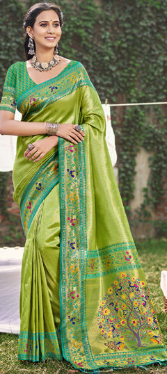 Green color Saree in Silk fabric with Weaving, Zari work