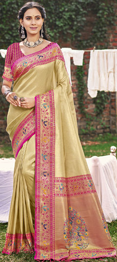 Gold color Saree in Silk fabric with Weaving, Zari work